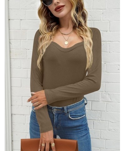 Women's Elegant Slim Fit Ribbed Long Sleeve Sweetheart Neck Top Shirt Coffee $10.50 Blouses