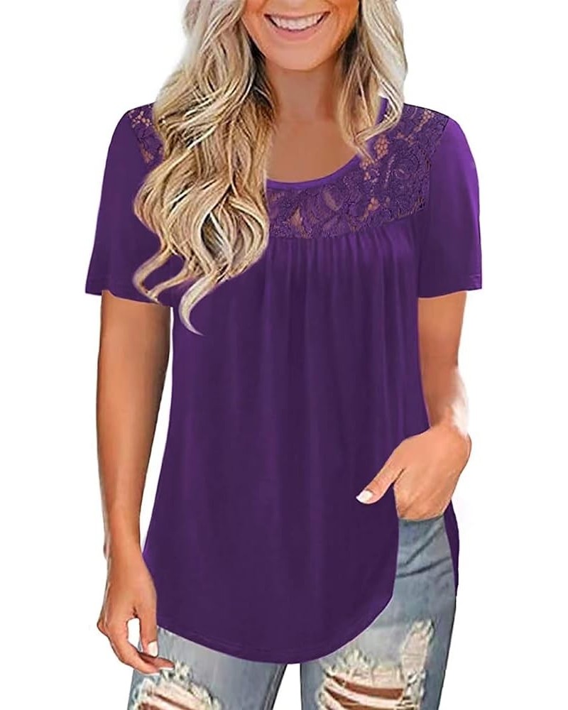 Womens Summer Plus Size Tops Blouses Short Sleeve Shirts Lace Pleated Tunic Tops M-4XL A1 A-purple $16.57 Tops