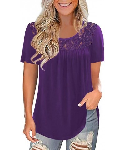 Womens Summer Plus Size Tops Blouses Short Sleeve Shirts Lace Pleated Tunic Tops M-4XL A1 A-purple $16.57 Tops