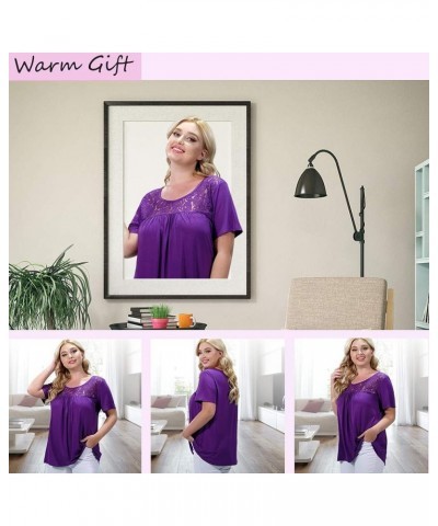 Womens Summer Plus Size Tops Blouses Short Sleeve Shirts Lace Pleated Tunic Tops M-4XL A1 A-purple $16.57 Tops