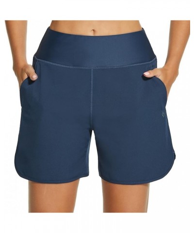 Women's 5'' High Waisted Swim Board Shorts with Pockets Liner Quick Dry Swimsuit Bottoms Trunks Navy $12.47 Swimsuits