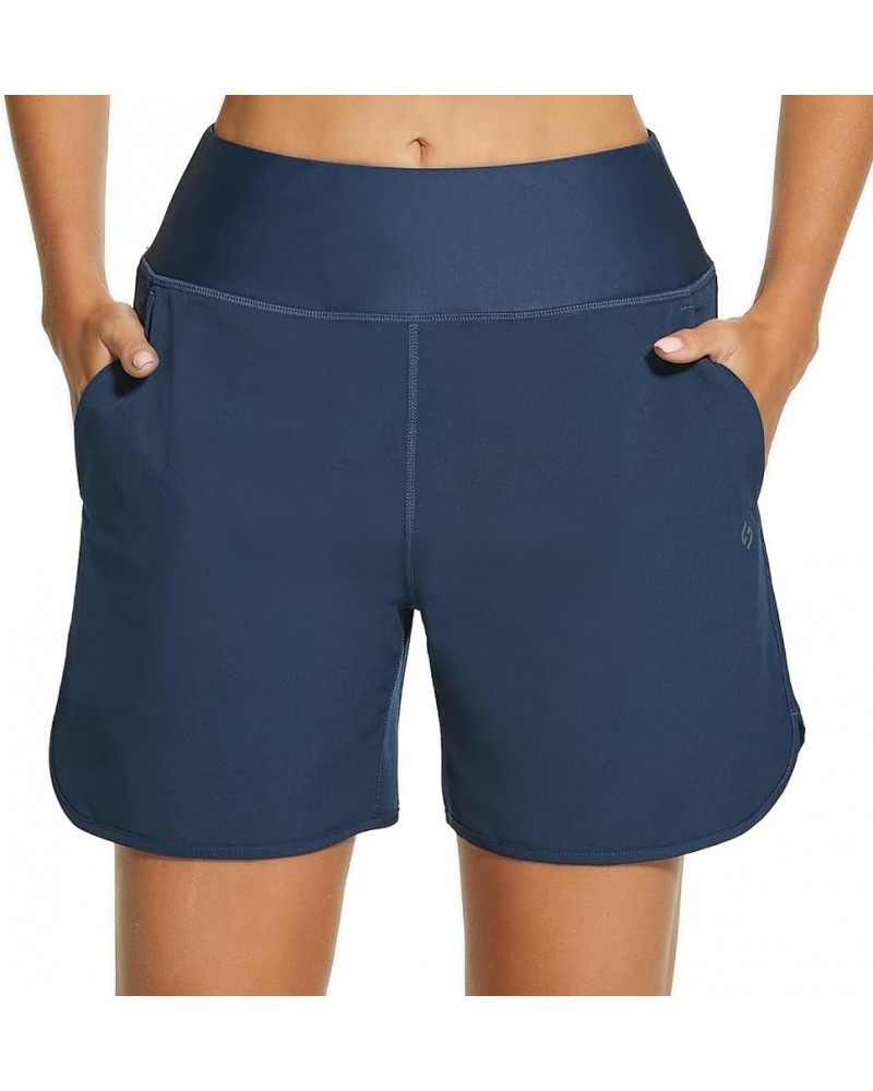 Women's 5'' High Waisted Swim Board Shorts with Pockets Liner Quick Dry Swimsuit Bottoms Trunks Navy $12.47 Swimsuits