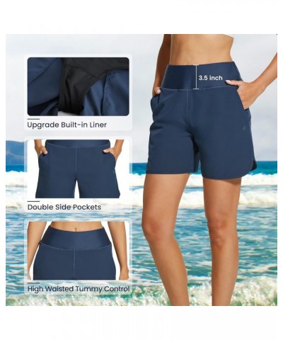 Women's 5'' High Waisted Swim Board Shorts with Pockets Liner Quick Dry Swimsuit Bottoms Trunks Navy $12.47 Swimsuits