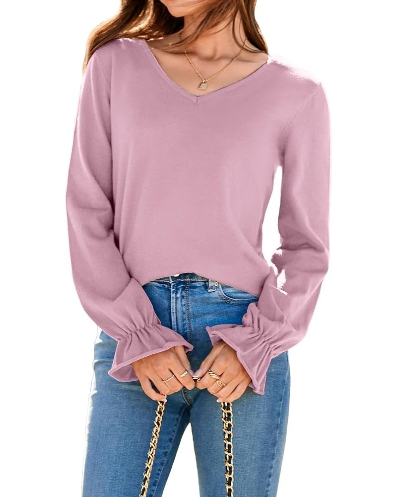 Women's Casual Lightweight V Neck Lantern Sleeve Knit Sweater Loose Side Slit Pullover Tops Blouses Light Pink $15.80 Sweaters