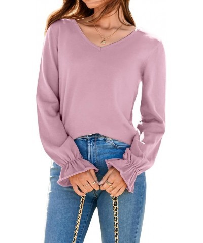 Women's Casual Lightweight V Neck Lantern Sleeve Knit Sweater Loose Side Slit Pullover Tops Blouses Light Pink $15.80 Sweaters