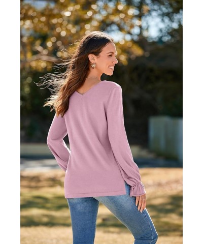 Women's Casual Lightweight V Neck Lantern Sleeve Knit Sweater Loose Side Slit Pullover Tops Blouses Light Pink $15.80 Sweaters