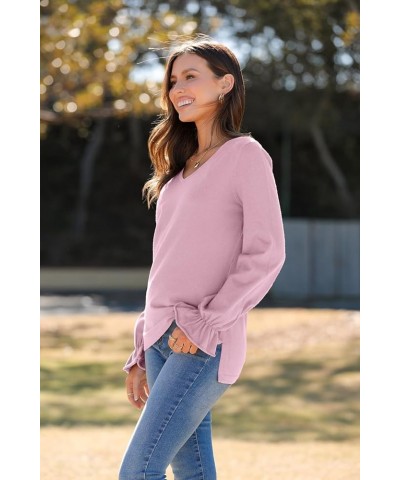 Women's Casual Lightweight V Neck Lantern Sleeve Knit Sweater Loose Side Slit Pullover Tops Blouses Light Pink $15.80 Sweaters