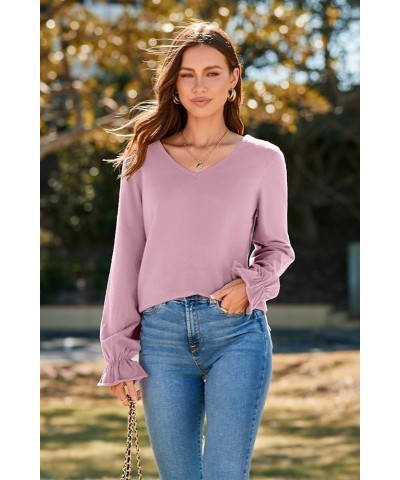 Women's Casual Lightweight V Neck Lantern Sleeve Knit Sweater Loose Side Slit Pullover Tops Blouses Light Pink $15.80 Sweaters