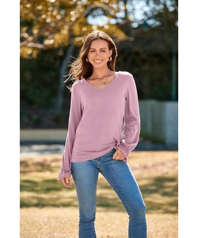 Women's Casual Lightweight V Neck Lantern Sleeve Knit Sweater Loose Side Slit Pullover Tops Blouses Light Pink $15.80 Sweaters