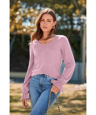 Women's Casual Lightweight V Neck Lantern Sleeve Knit Sweater Loose Side Slit Pullover Tops Blouses Light Pink $15.80 Sweaters