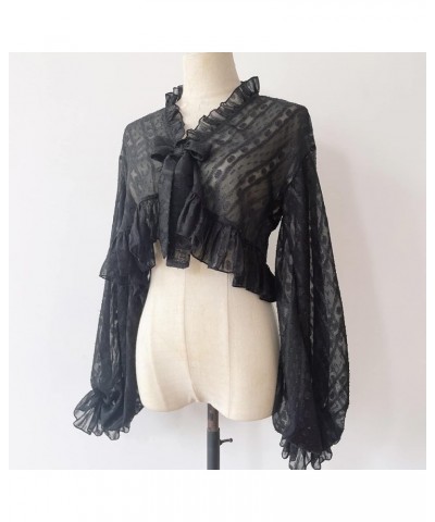 Summer Bishop Sleeve Chiffon Crop Top Teens Japanese Style Sweet Ruffle Lightweight Cardigan Blouse Black $12.88 Blouses