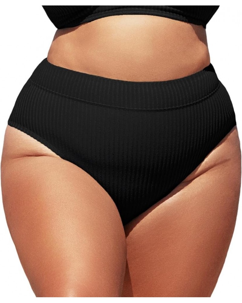 Women Swimsuit Plus Size Bikini Bottom High Waisted Ribbed Texture Modest Widen Band Bathing Suit Black $17.99 Swimsuits