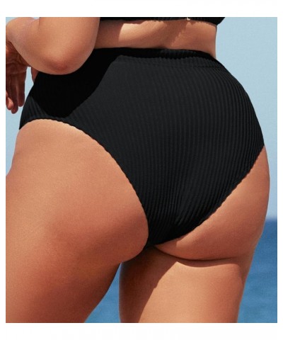 Women Swimsuit Plus Size Bikini Bottom High Waisted Ribbed Texture Modest Widen Band Bathing Suit Black $17.99 Swimsuits