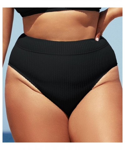 Women Swimsuit Plus Size Bikini Bottom High Waisted Ribbed Texture Modest Widen Band Bathing Suit Black $17.99 Swimsuits