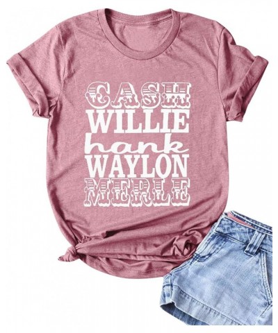 Women Cash Willie Hank Waylon Merle Letter Print Short Sleeve Shirts Brick Red $12.32 T-Shirts