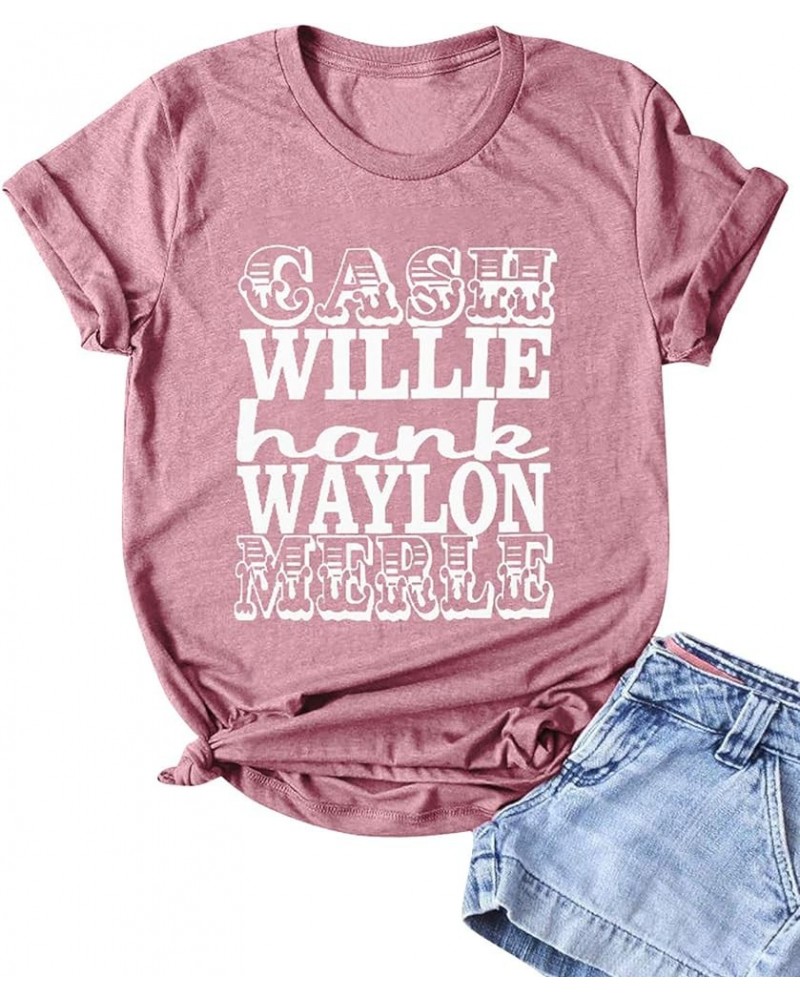 Women Cash Willie Hank Waylon Merle Letter Print Short Sleeve Shirts Brick Red $12.32 T-Shirts