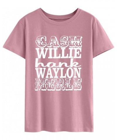 Women Cash Willie Hank Waylon Merle Letter Print Short Sleeve Shirts Brick Red $12.32 T-Shirts