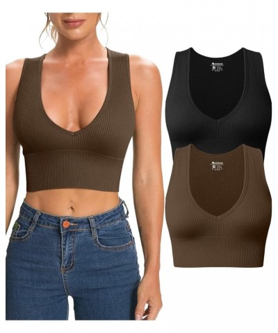 Women's 2 Piece Tank Tops Ribbed Sleeveless Sexy Deep V Neck Removable Cups Yoga Crop Tops Black,coffee $14.21 Activewear