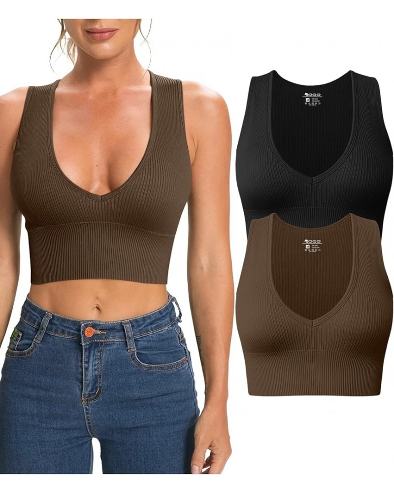 Women's 2 Piece Tank Tops Ribbed Sleeveless Sexy Deep V Neck Removable Cups Yoga Crop Tops Black,coffee $14.21 Activewear