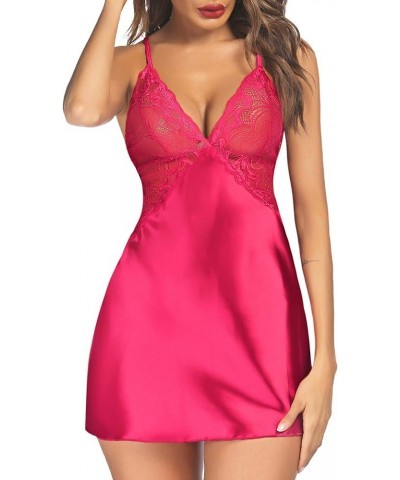 Women Lingerie V Neck Nightwear Satin Sleepwear Lace Chemise Mini Teddy Pinkish Red $11.43 Lingerie