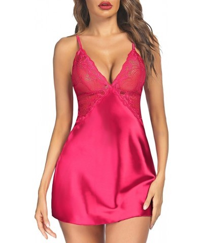 Women Lingerie V Neck Nightwear Satin Sleepwear Lace Chemise Mini Teddy Pinkish Red $11.43 Lingerie