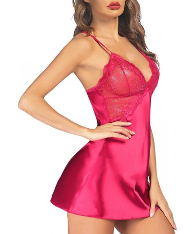 Women Lingerie V Neck Nightwear Satin Sleepwear Lace Chemise Mini Teddy Pinkish Red $11.43 Lingerie