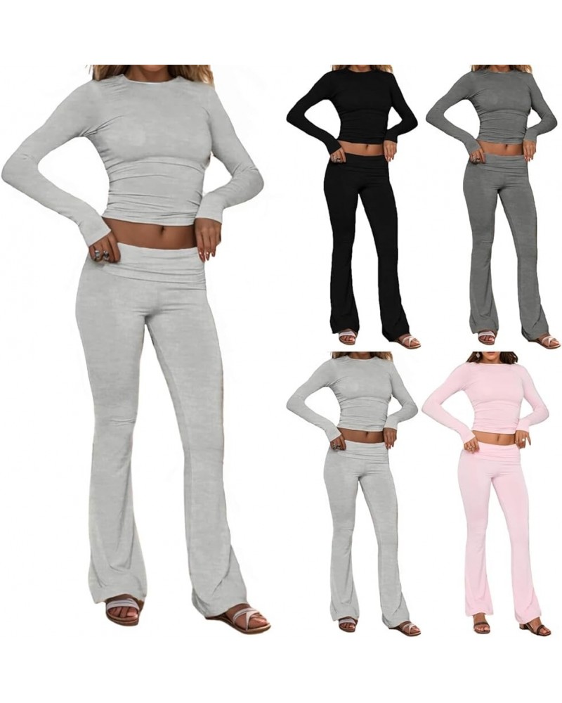 Women's 2 Piece Lounge Sets Trendy Long Sleeve Crop Top and Fold-over Flare Pants Casual Yoga Outfit Pajamas Set Light Gray $...