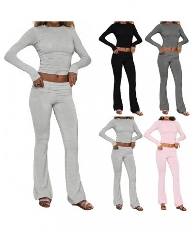 Women's 2 Piece Lounge Sets Trendy Long Sleeve Crop Top and Fold-over Flare Pants Casual Yoga Outfit Pajamas Set Light Gray $...