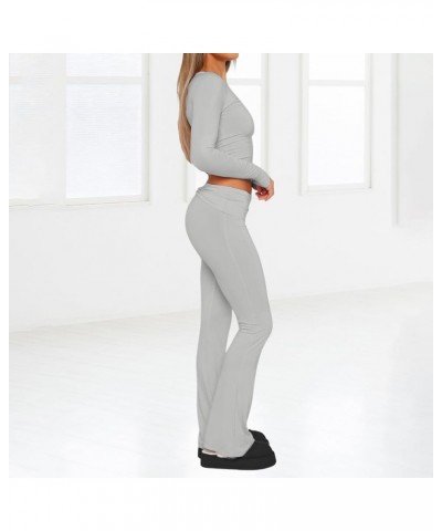 Women's 2 Piece Lounge Sets Trendy Long Sleeve Crop Top and Fold-over Flare Pants Casual Yoga Outfit Pajamas Set Light Gray $...