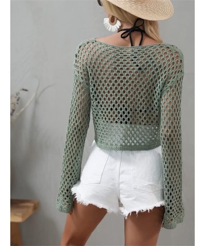 Women Mesh Crochet Crop Top Long Sleeve Hollow Out Knit Sweater Bikini Beach See Through Cover Ups A Green $16.49 Swimsuits