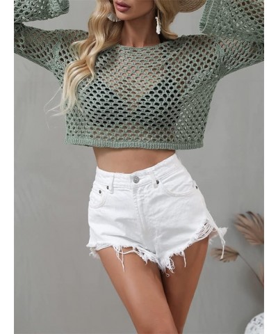 Women Mesh Crochet Crop Top Long Sleeve Hollow Out Knit Sweater Bikini Beach See Through Cover Ups A Green $16.49 Swimsuits