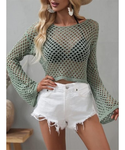 Women Mesh Crochet Crop Top Long Sleeve Hollow Out Knit Sweater Bikini Beach See Through Cover Ups A Green $16.49 Swimsuits