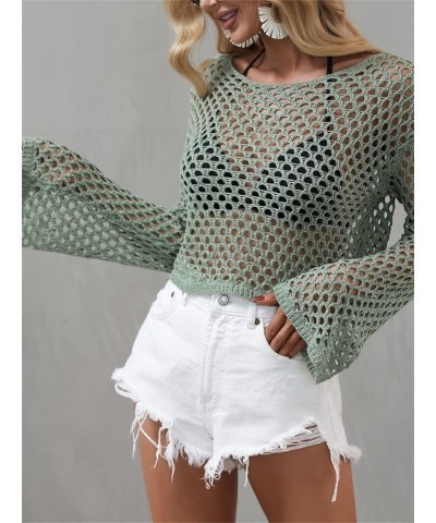 Women Mesh Crochet Crop Top Long Sleeve Hollow Out Knit Sweater Bikini Beach See Through Cover Ups A Green $16.49 Swimsuits