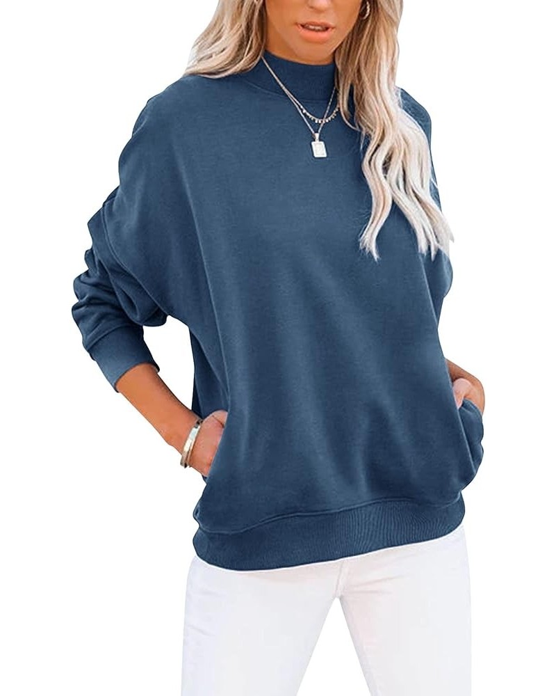 Women's Casual Long sleeves Sweatshirt Tops Basic Loose Fit Mock Turtleneck Lightweight Tunic Pullover With Pocket Blue $15.6...