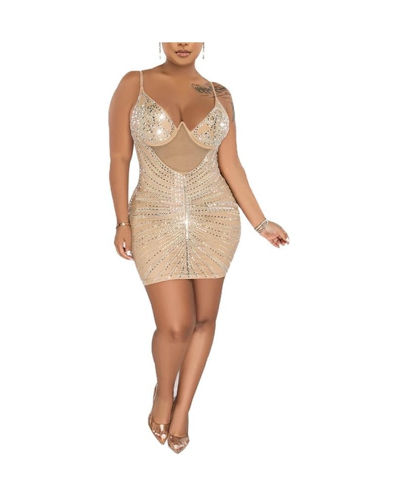 Women's Sexy Mesh Hot Drilling Process Mini Dress Spaghetti Straps Rhinestone Dress Party Club Night Dress Apricot F $15.54 D...