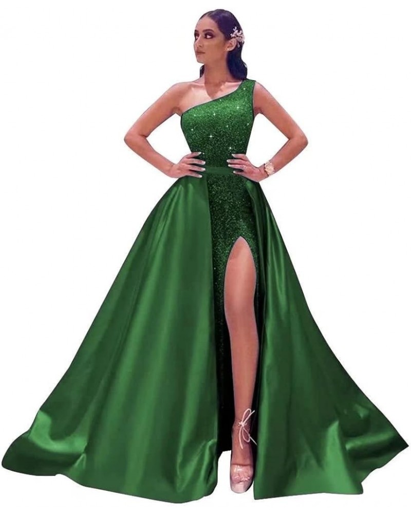 One Shoulder Sequin Prom Dresses for Women 2024 Sparkly Long Formal Evening Dresses with Detachable Train Emerald Green $49.4...