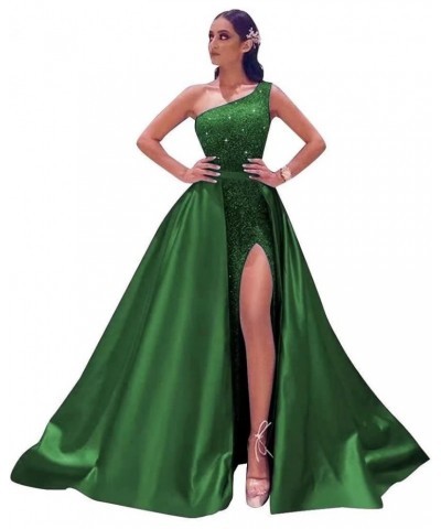 One Shoulder Sequin Prom Dresses for Women 2024 Sparkly Long Formal Evening Dresses with Detachable Train Emerald Green $49.4...