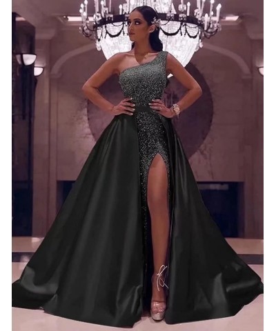 One Shoulder Sequin Prom Dresses for Women 2024 Sparkly Long Formal Evening Dresses with Detachable Train Emerald Green $49.4...