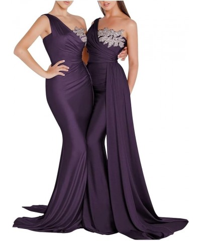 One Shoulder Beaded Bridesmaid Dresses for Women Long Satin Mermaid Ruched Formal Party Dress with Train YK510 Plum $27.20 Dr...