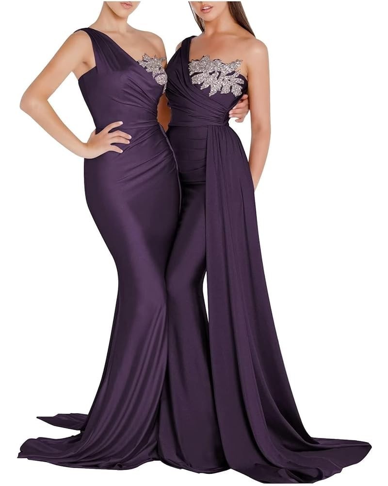 One Shoulder Beaded Bridesmaid Dresses for Women Long Satin Mermaid Ruched Formal Party Dress with Train YK510 Plum $27.20 Dr...