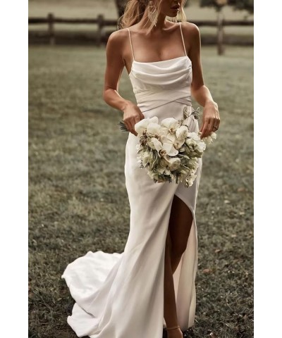 Simple Boho Mermaid Wedding Dresses for Bride Silk Stain Spaghetti Straps Beach Bridal Gowns White $37.80 Dresses