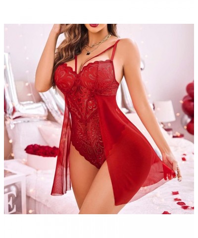 Lingerie for Women Womens Lace Lingeries Chemise V Neck Nightwear Sexy Mesh Sleepwear Boudoir Outfits Teddy Lingerie Z7-red $...