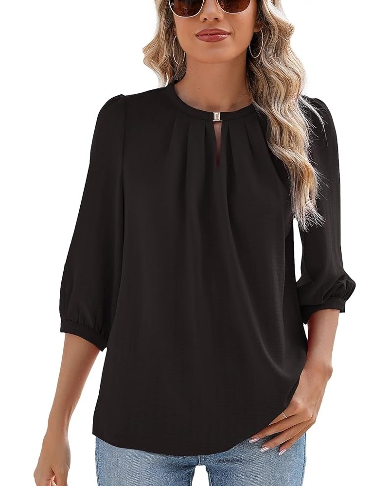 Keyhole V Neck Puff 3/4 Length Sleeve Womens Tops Dressy Casual Chiffon Work Blouses Pleated T-Shirts Loose Fit S-XXL Black 3...