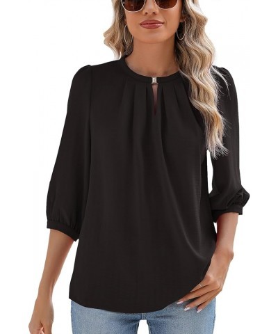 Keyhole V Neck Puff 3/4 Length Sleeve Womens Tops Dressy Casual Chiffon Work Blouses Pleated T-Shirts Loose Fit S-XXL Black 3...