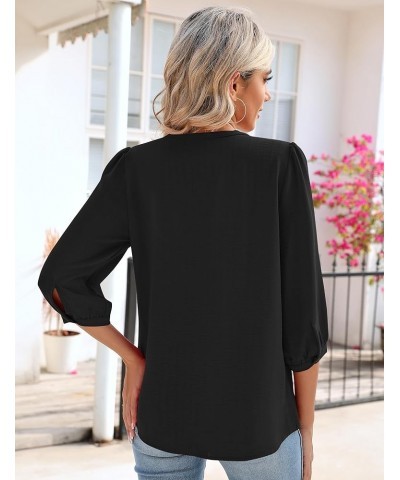 Keyhole V Neck Puff 3/4 Length Sleeve Womens Tops Dressy Casual Chiffon Work Blouses Pleated T-Shirts Loose Fit S-XXL Black 3...