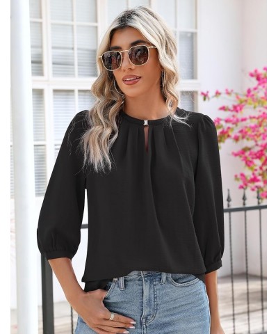 Keyhole V Neck Puff 3/4 Length Sleeve Womens Tops Dressy Casual Chiffon Work Blouses Pleated T-Shirts Loose Fit S-XXL Black 3...