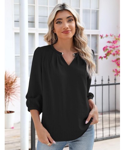 Keyhole V Neck Puff 3/4 Length Sleeve Womens Tops Dressy Casual Chiffon Work Blouses Pleated T-Shirts Loose Fit S-XXL Black 3...