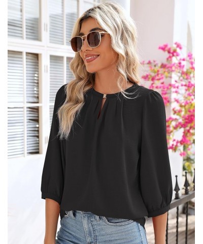 Keyhole V Neck Puff 3/4 Length Sleeve Womens Tops Dressy Casual Chiffon Work Blouses Pleated T-Shirts Loose Fit S-XXL Black 3...