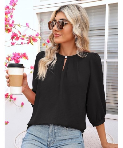 Keyhole V Neck Puff 3/4 Length Sleeve Womens Tops Dressy Casual Chiffon Work Blouses Pleated T-Shirts Loose Fit S-XXL Black 3...