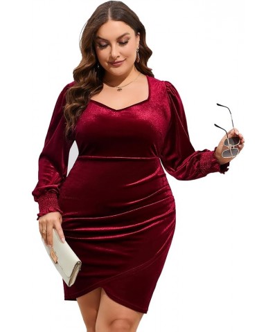 Women Plus Size Velvet Dress Long Sleeve Sweetheart Neck Ruched Stretchy Cocktail Party Midi Dress Wine Red $10.70 Dresses